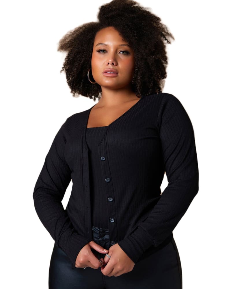 Front of a model wearing a size 4X Layered Up Ribbed Tank Crop Top & Cardigan Set - Black in Black by Rebdolls. | dia_product_style_image_id:322006
